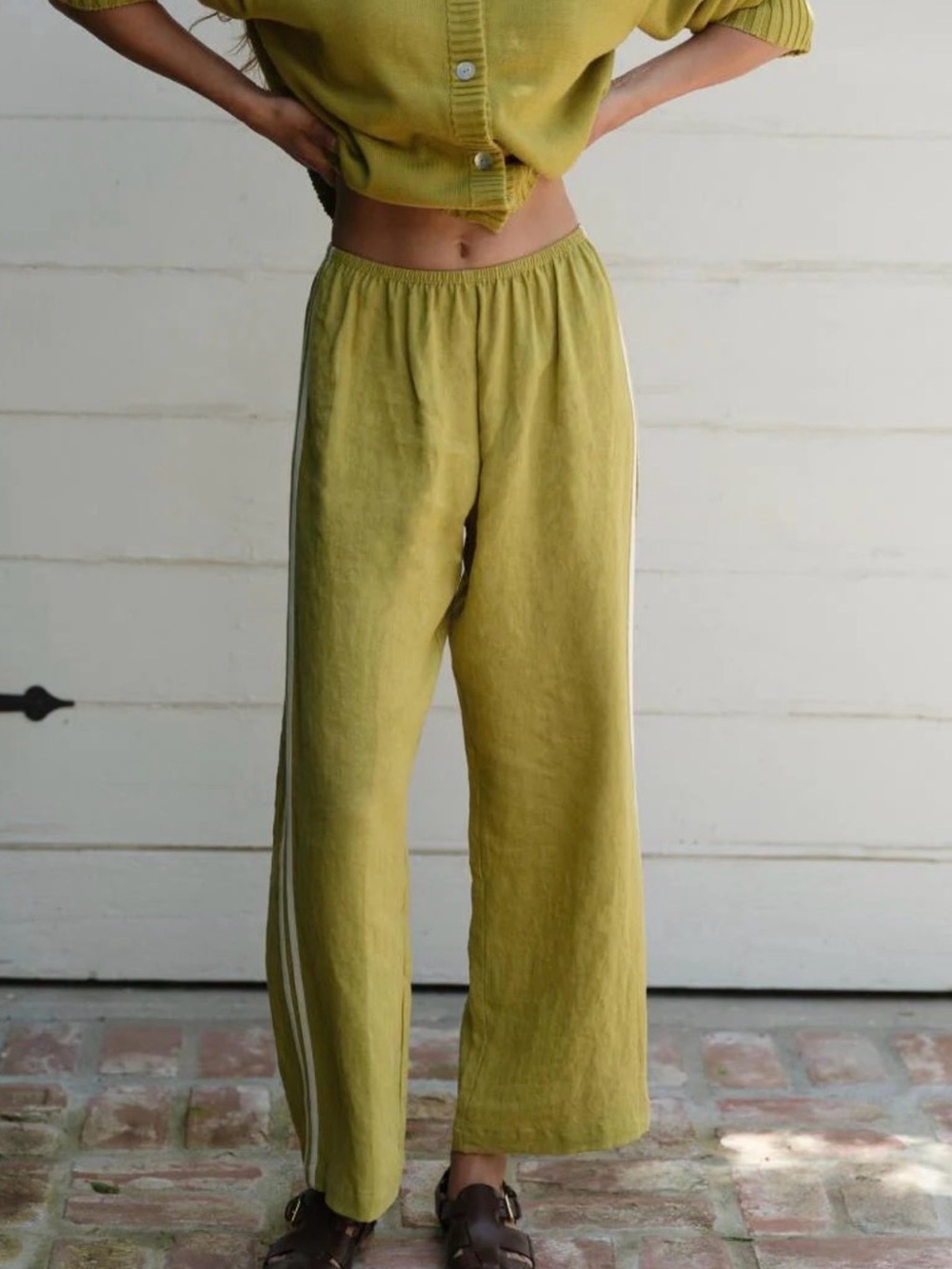 DONNI. Linen stripe crop pants in pistachio green